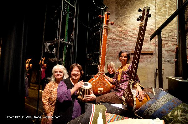 Maria Anthony (sitar, vocals), Clark Jamison (tabla,udu/vocals), Deborah Pine (vocal), Geeta Tiwari (tanpura, vocals), backstage, stage-left wings, after tech, as the assembled dancers take the traditional pre-performance class on stage.in Invocation by Patrick Suzeau for Modern Night at the Folly 2011