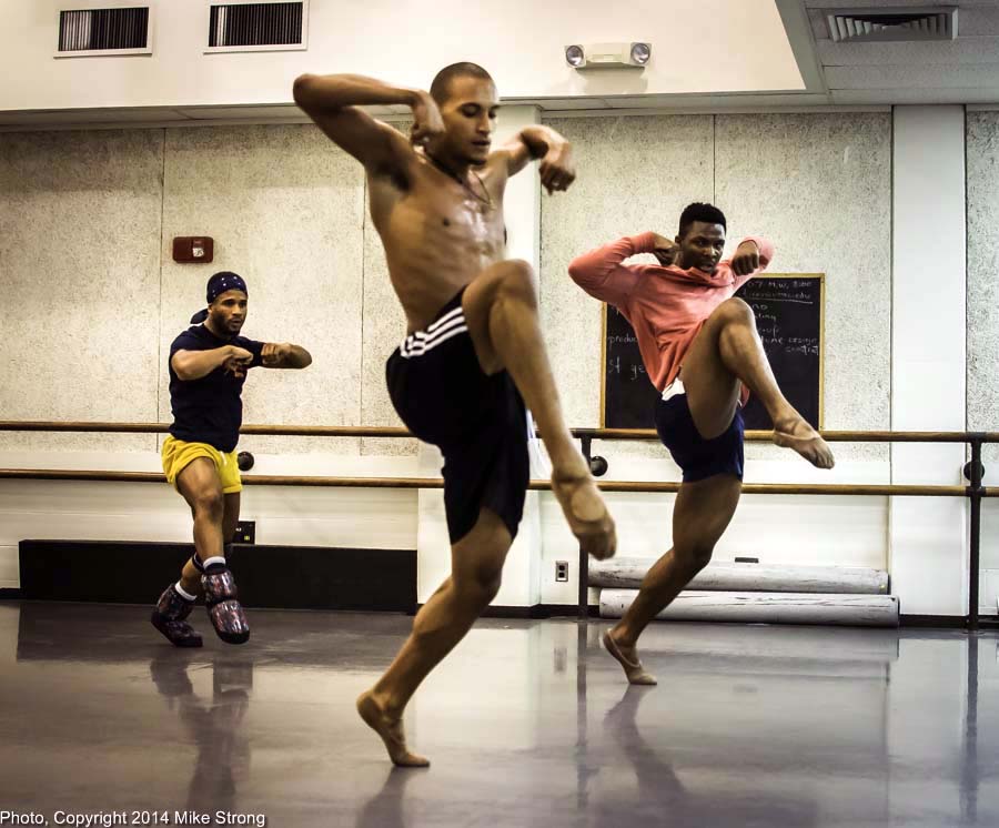 New Dance Partners 2015 at JCCC (Sept) - Wylliams-Henry and Twisted Metal - Studio rehearsal - Left-Right: Winston Dynamite Brown, Isaiah Bindel (from DawsonDanceSF Demonstrating), John Swapshire (left)
