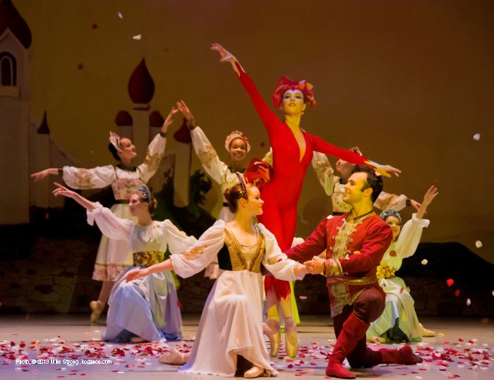 Firebird finale: Emily Tatham (in red, as the Firebird), Meredith Green (left front, as Princess) and Erik Sobbe (Prince Ivan)