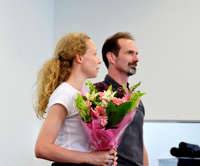 Amanda McKerrow and John Gardner accept flowers for their teaching and guidance in the summer intensive with KCB