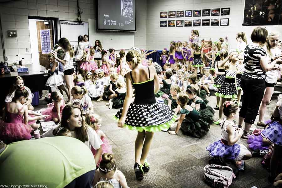 Wednesday performance for Roxanne Higbee's In the "green" room getting ready to go on stage for Dancerz Spring 2016 concert Recital-I (youngest dancers) in Rose Theater at Rockhurst HS. Photo, Copyright 2016 Mike Strong, www.kcdance.com
