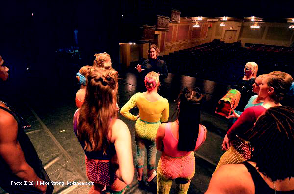 Two Taras - Tara Varney (Stage Folly Manager gives orientation talk to Tara Glaus' dancers. Glaus is in front of the group at the top right. in The Nudibranch Ranch and the Poke-Her-Chips-N-Failures - Choreographer: Tara T. Glaus - Modern Night at the Folly 2011