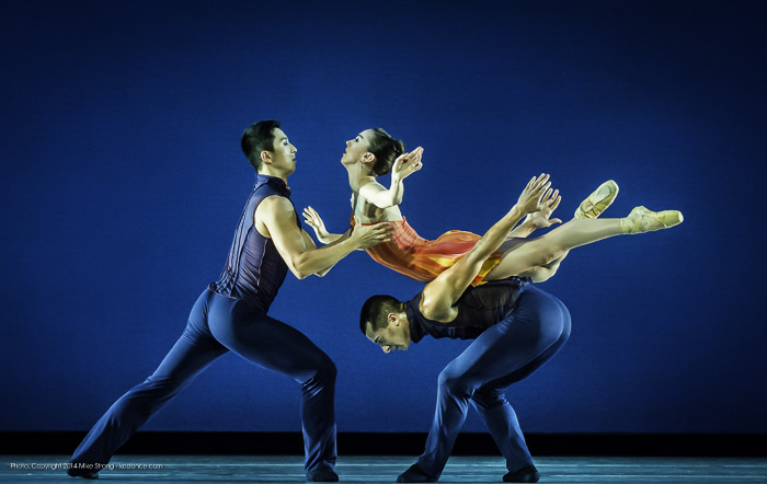 New Dance Partners fall 2014, KCB at JCCC - front angle, good picture, in performace but also flat angle from front house seat - Liang Fu, Danielle Bausinger and Michael Davis in Concertino by Amy Seiwert for KC Ballet