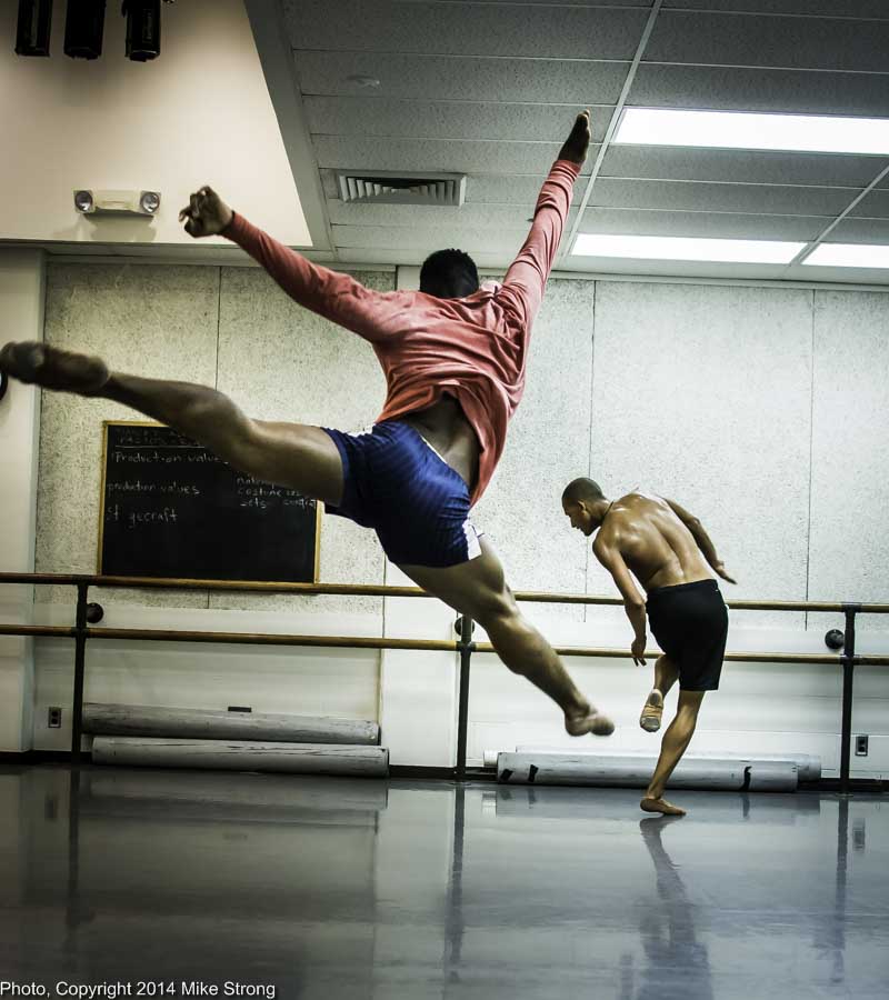 New Dance Partners 2015 at JCCC (Sept) - Wylliams-Henry and Twisted Metal - Studio rehearsal - John Swapshire completing leap and Isaiah Bindel (from DawsonDanceSF) 