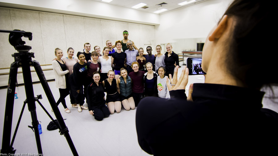 Caroline Dahm takes a picture of the Henriks dancers with choreographer Gregory Dawson (back row, light shirt, in front of DaJuan)