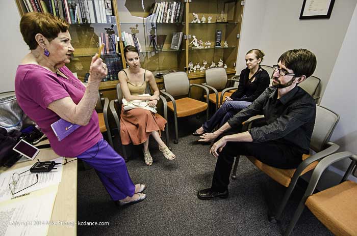 Billie Mahoney with Jenniver Tierney (center) and Kristopher Estes-Brown (chair at right), the owners of the American Dance Center and directors of the American Youth Ballet in Overland Park, KS. Behind Kris is Jessica Brown, his sister and a ballerina with Ballet Met (Columbus, Ohio) as well as one of the adults dancing alonside the Youth Ballet as veterans/mentors/examples.