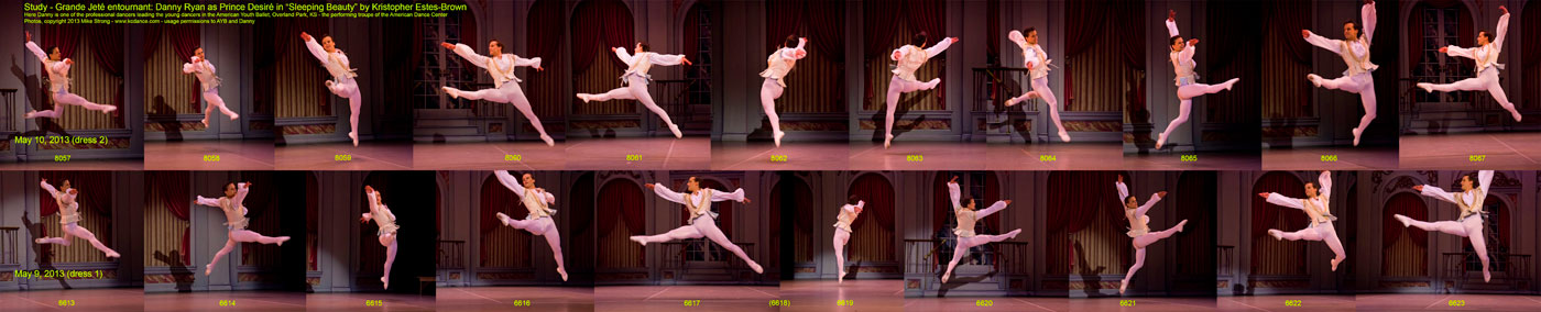 Sleeping Beauty: Study from two dress rehearsals (for 2pm and 7pm) (thu across bottom and fri across top) showing Danny Ryan at points through his turning jetés in a circle. Each frame number is listed. Frame 8064 at top I shot a bit late and I deleted frame 6618 before I thought to put together this composite. It seems to me I am also missing at least one frame somewhere because my buffer filled up and wouldn't let me shoot until later.
